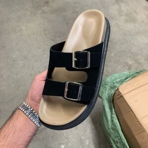 Women Buckle Strap Open Toe Sandals in Black Faux Suede - US 9 / EU 40